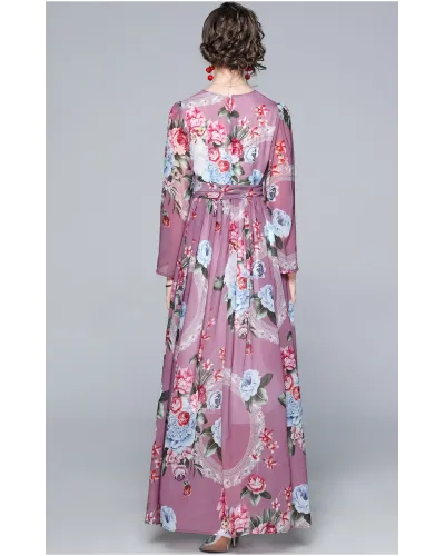 Rochie lunga lila cu imprimeu floral